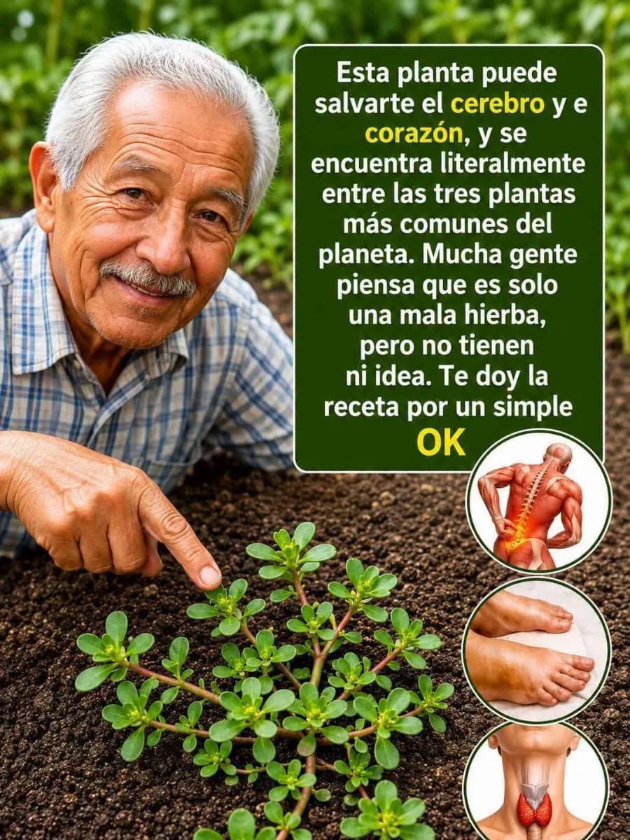 Planta de verdolaga fresca con hojas verdes y tallos carnosos sobre una mesa de cocina junto a ingredientes para ensalada.